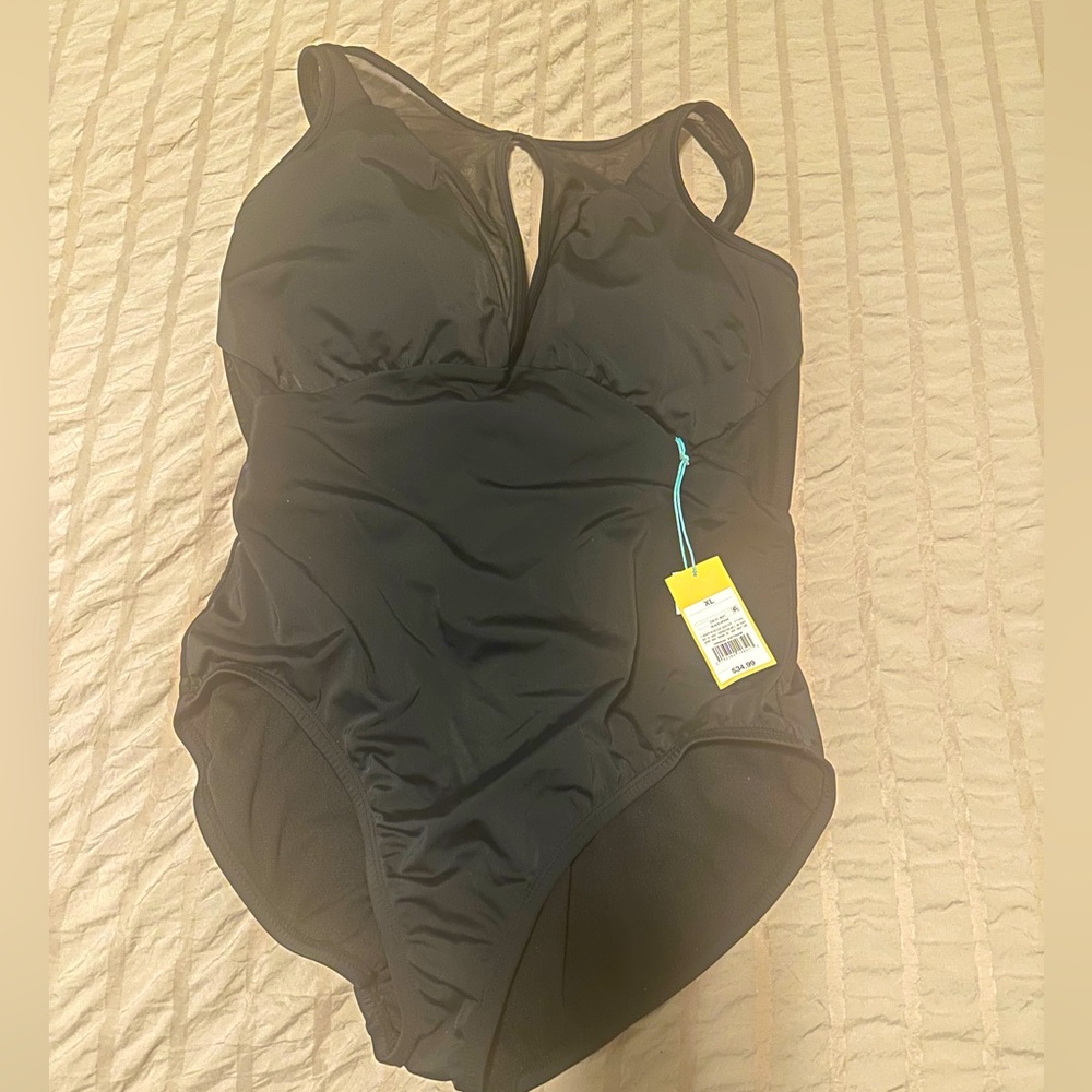 Black one piece -stitched in soft bust cups- mesh detail on front -low back NWT